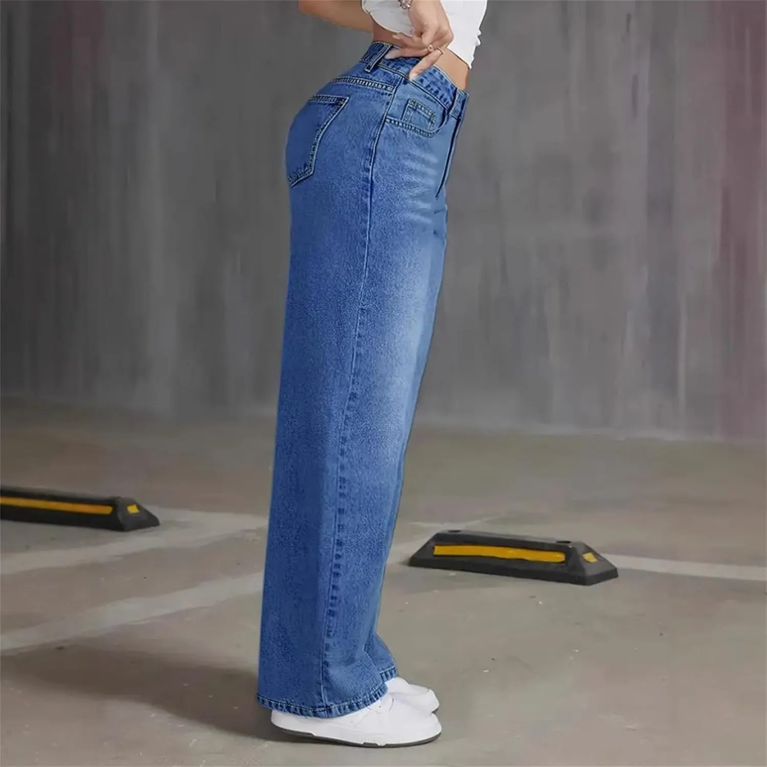 Women's Slim Tummy Control Straight Jeans High Waist Elastic Casual Wide Leg Summer Loose Retro Blue Curve Jeans