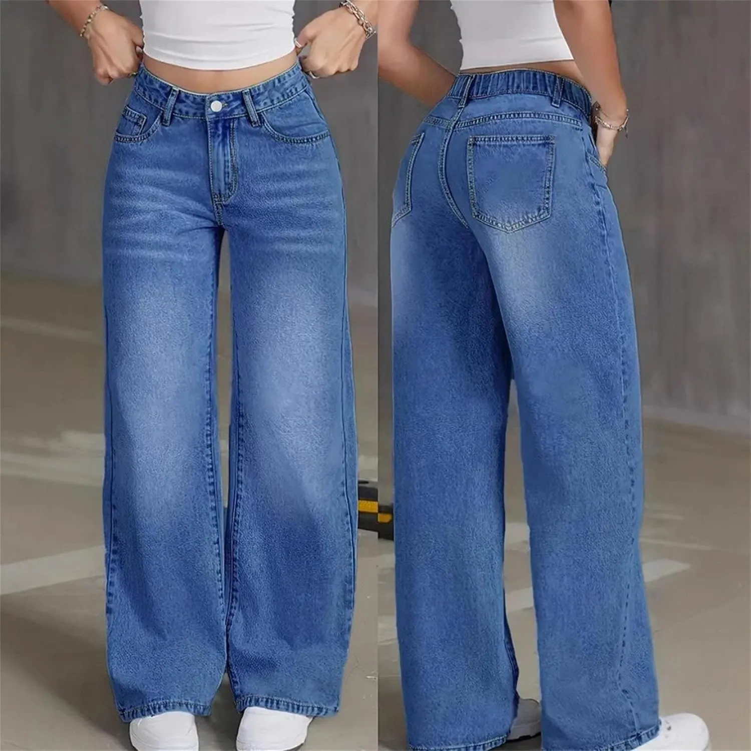 Women's Slim Tummy Control Straight Jeans High Waist Elastic Casual Wide Leg Summer Loose Retro Blue Curve Jeans
