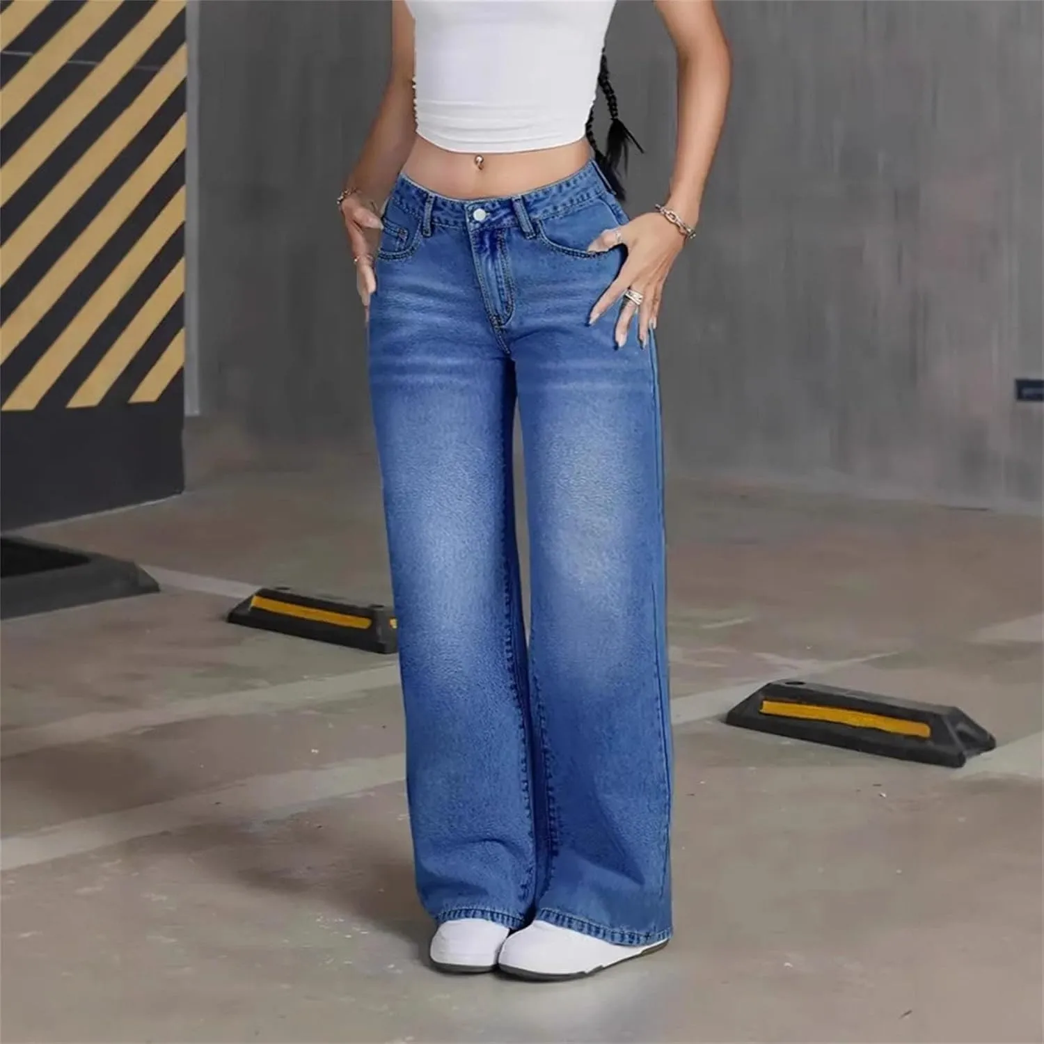 Women's Slim Tummy Control Straight Jeans High Waist Elastic Casual Wide Leg Summer Loose Retro Blue Curve Jeans