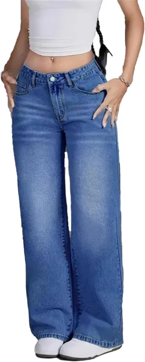 Women's Slim Tummy Control Straight Jeans High Waist Elastic Casual Wide Leg Summer Loose Retro Blue Curve Jeans