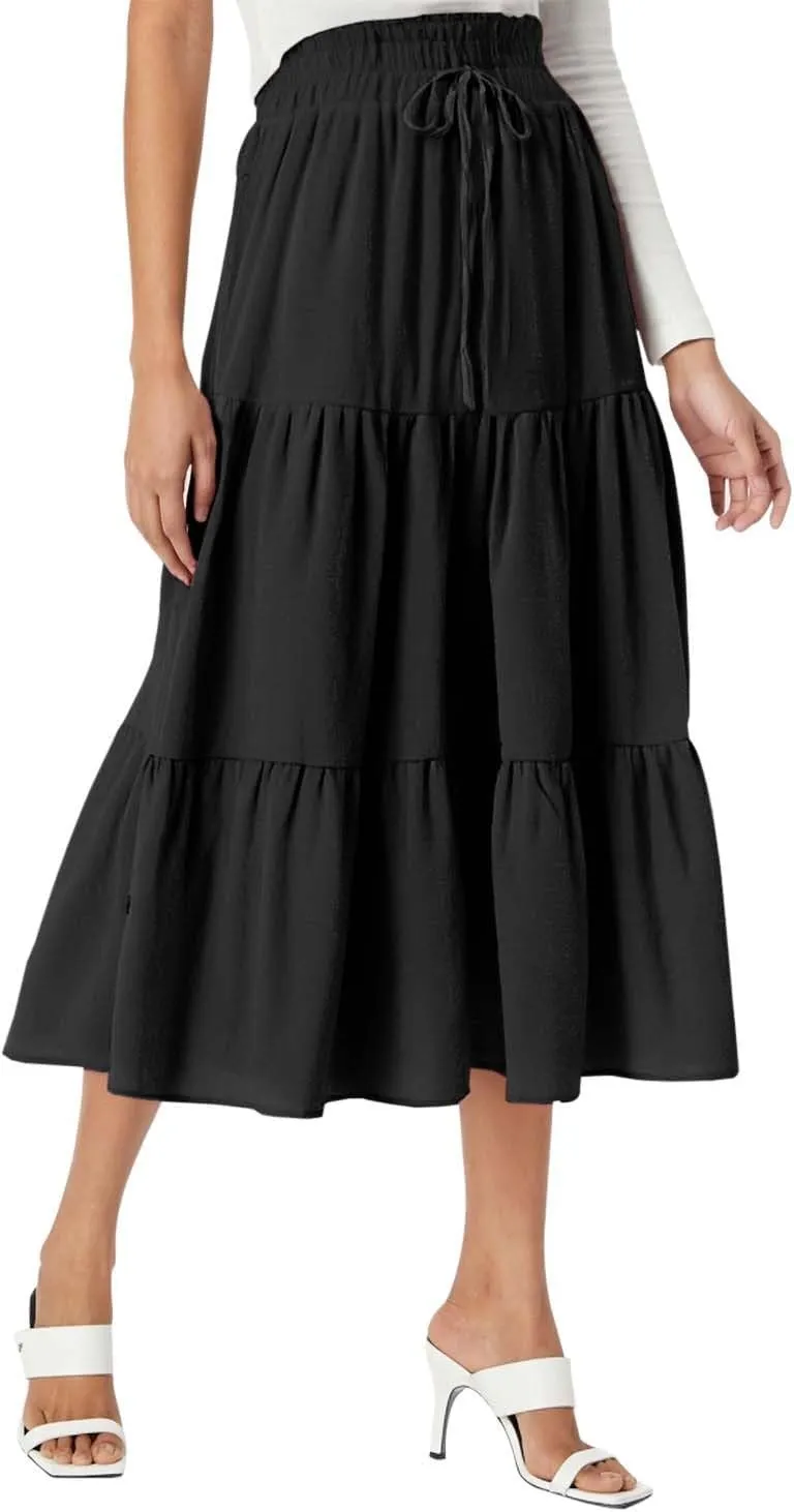 Womens Summer Maxi Skirt Flowy Elastic High Waist Pleated A-Line Skirts Boho Tiered Beach Long Skirts 2025 Trendy