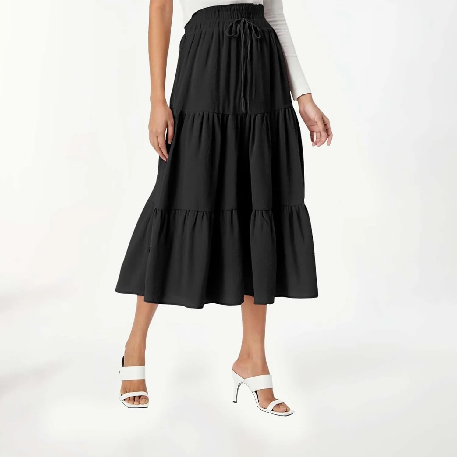 Womens Summer Maxi Skirt Flowy Elastic High Waist Pleated A-Line Skirts Boho Tiered Beach Long Skirts 2025 Trendy