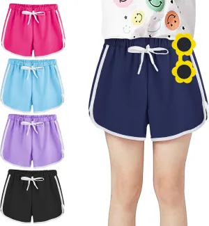 ZukoCert 5 Pack Girls Athletic Shorts with Drawstring,Girls Dolphin Shorts,Dry Running Shorts for Girls in 5-14Years